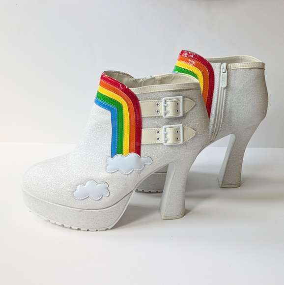 Ellie Rainbow White Glittered Chunky Heel Buckle and Zip Boot - Picture 2 of 8